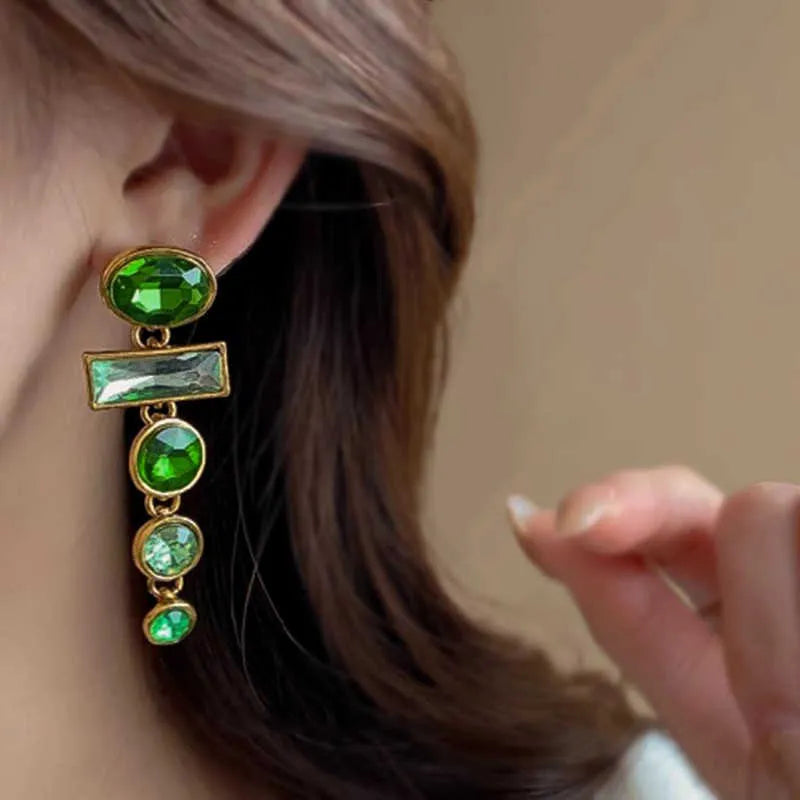 Chinese style geometric alloy earrings with retro green gradient colour and zircon inlaid tassels