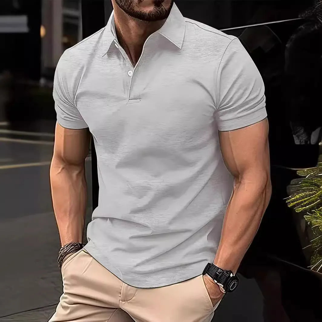 Men's slim fit casual short sleeve button shirt in a solid colour on a hanger.