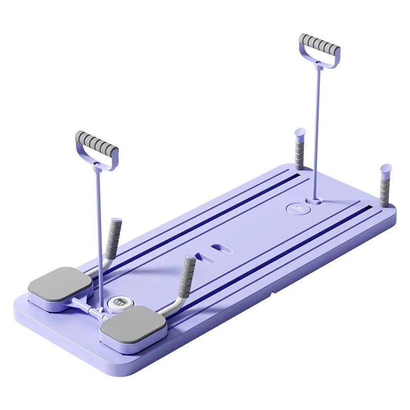 Purple fitness board with abdominal wheel and automatic rebound mechanism for home exercises