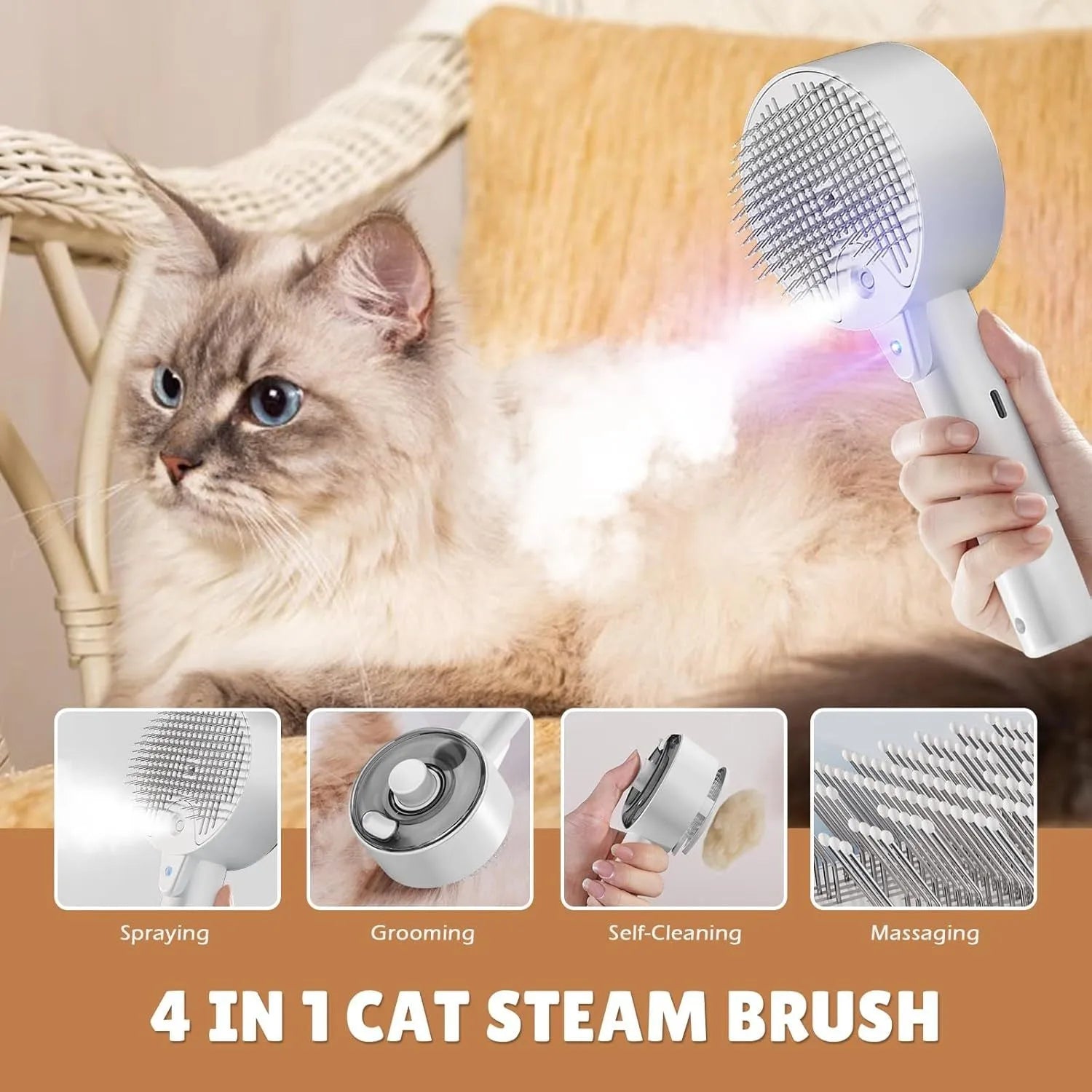 Pink cat steam brush for shedding with rounded massage head and transparent water tank on white background