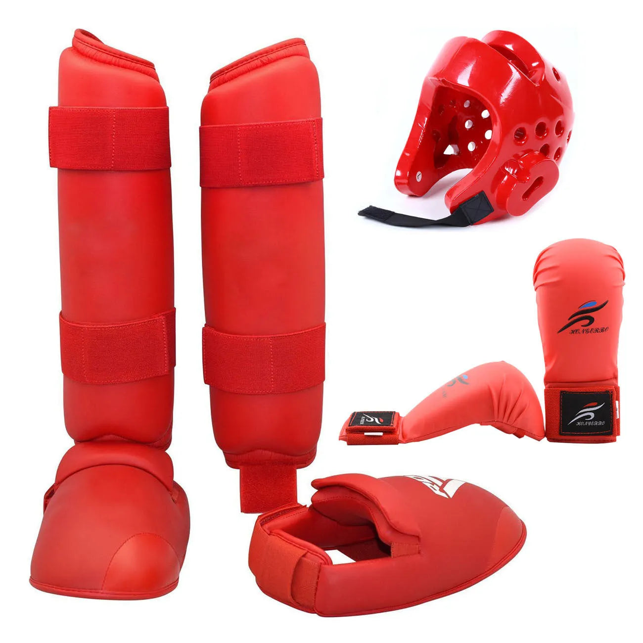 Red martial arts protective gear set including leg guard, helmet and gloves for karate and taekwondo training