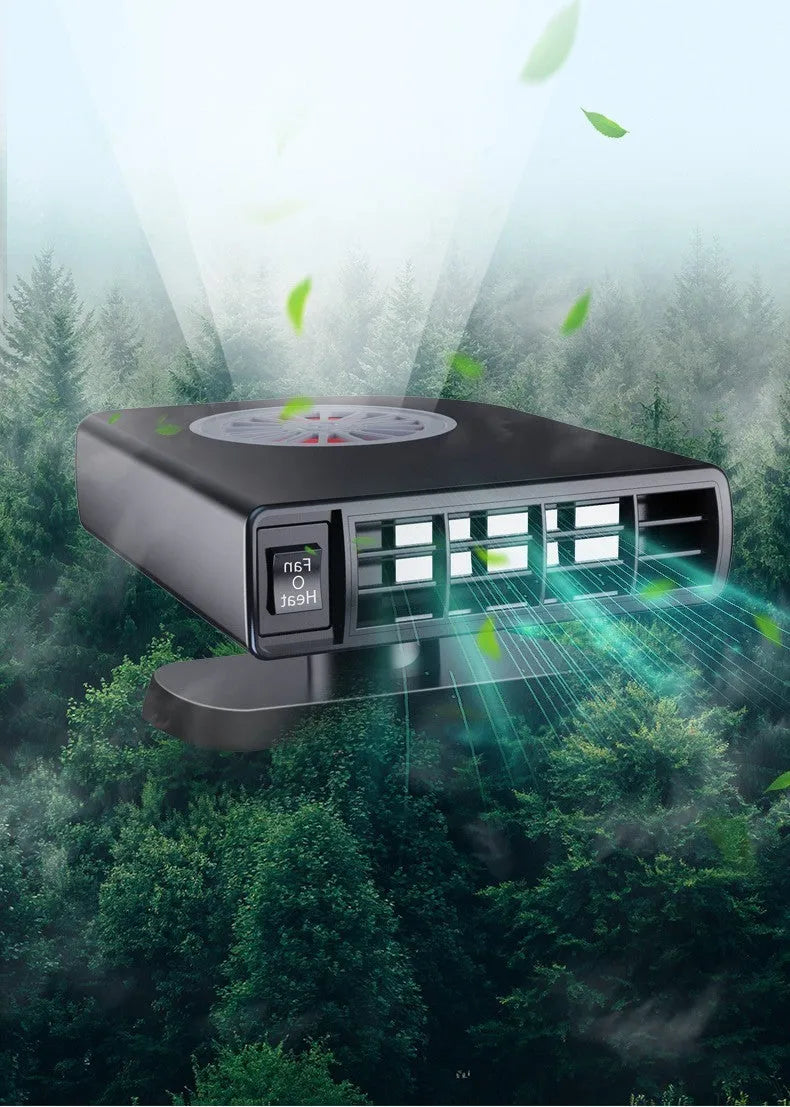 Black compact vehicle-mounted defroster and heater with 360-degree rotation on car dashboard.