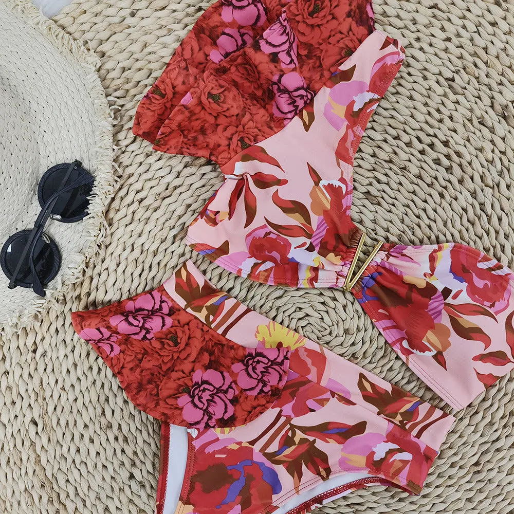 Women's pink floral one-shoulder ruffle swimsuit with high-waist bikini bottoms