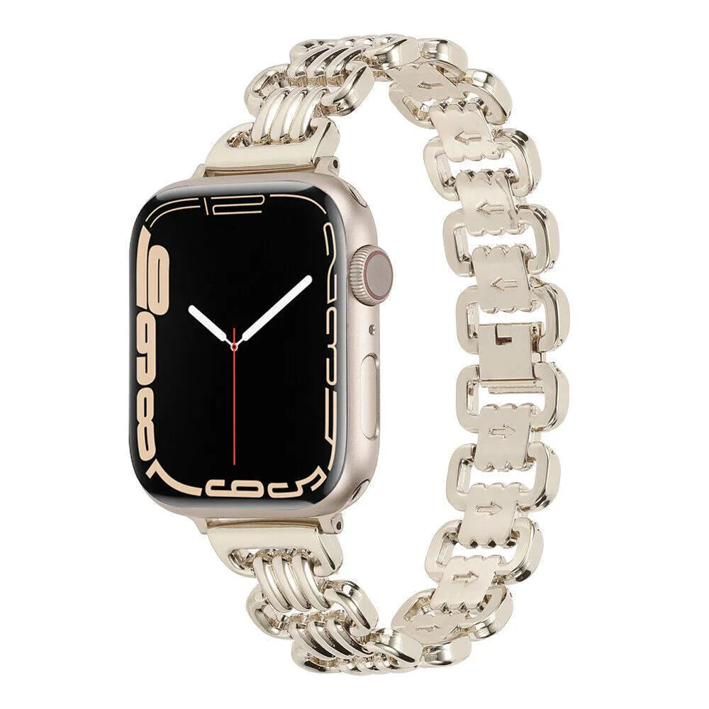 Alloy metal replacement bracelet for Apple Watch in silver, black, gold, rose gold, and Starlight colours.