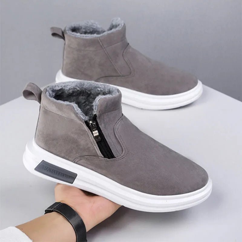 Men's fashion snow boots in black with side zipper, cotton upper, and flat wedge heel