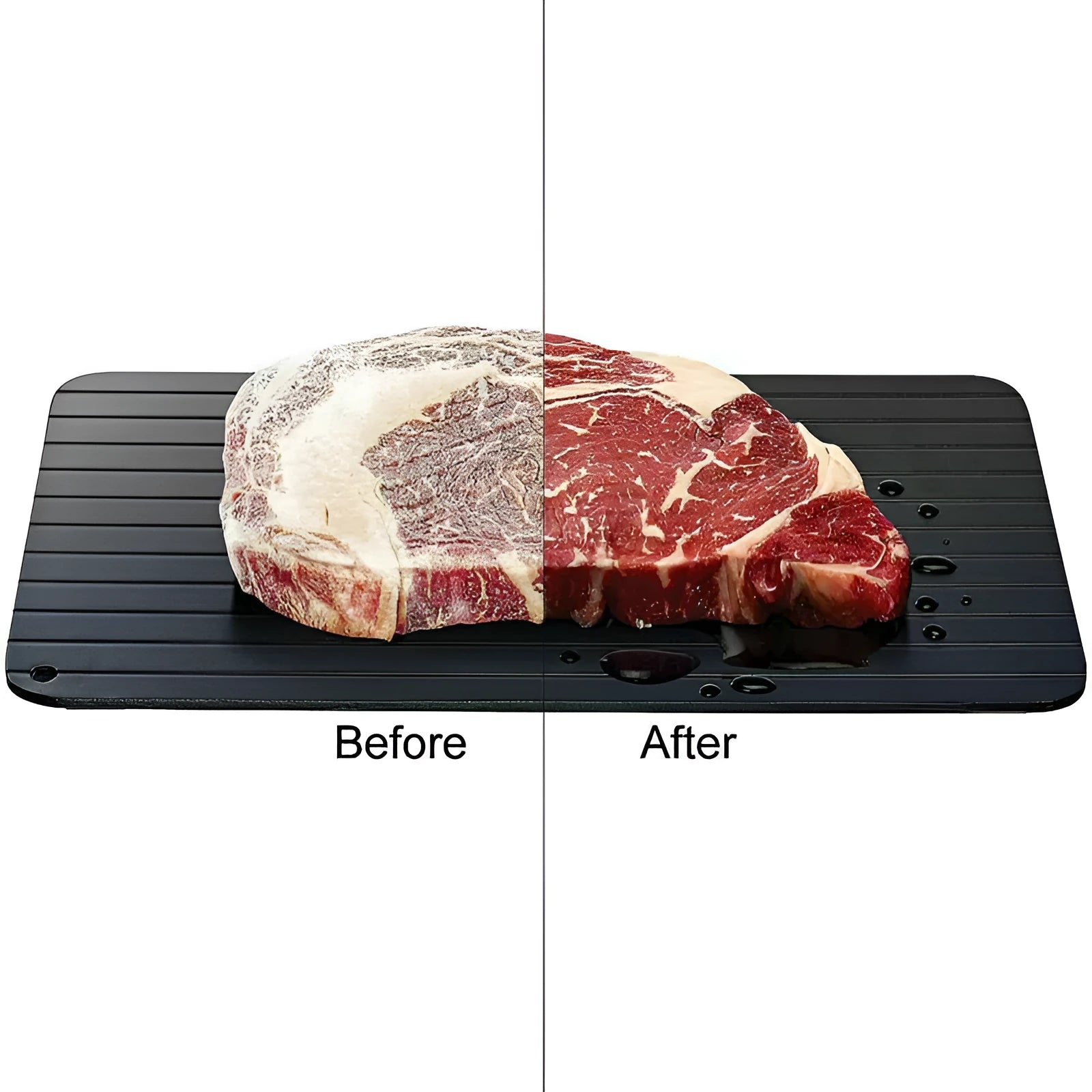 Black aluminium fast defrost tray 23x16.5cm on a countertop