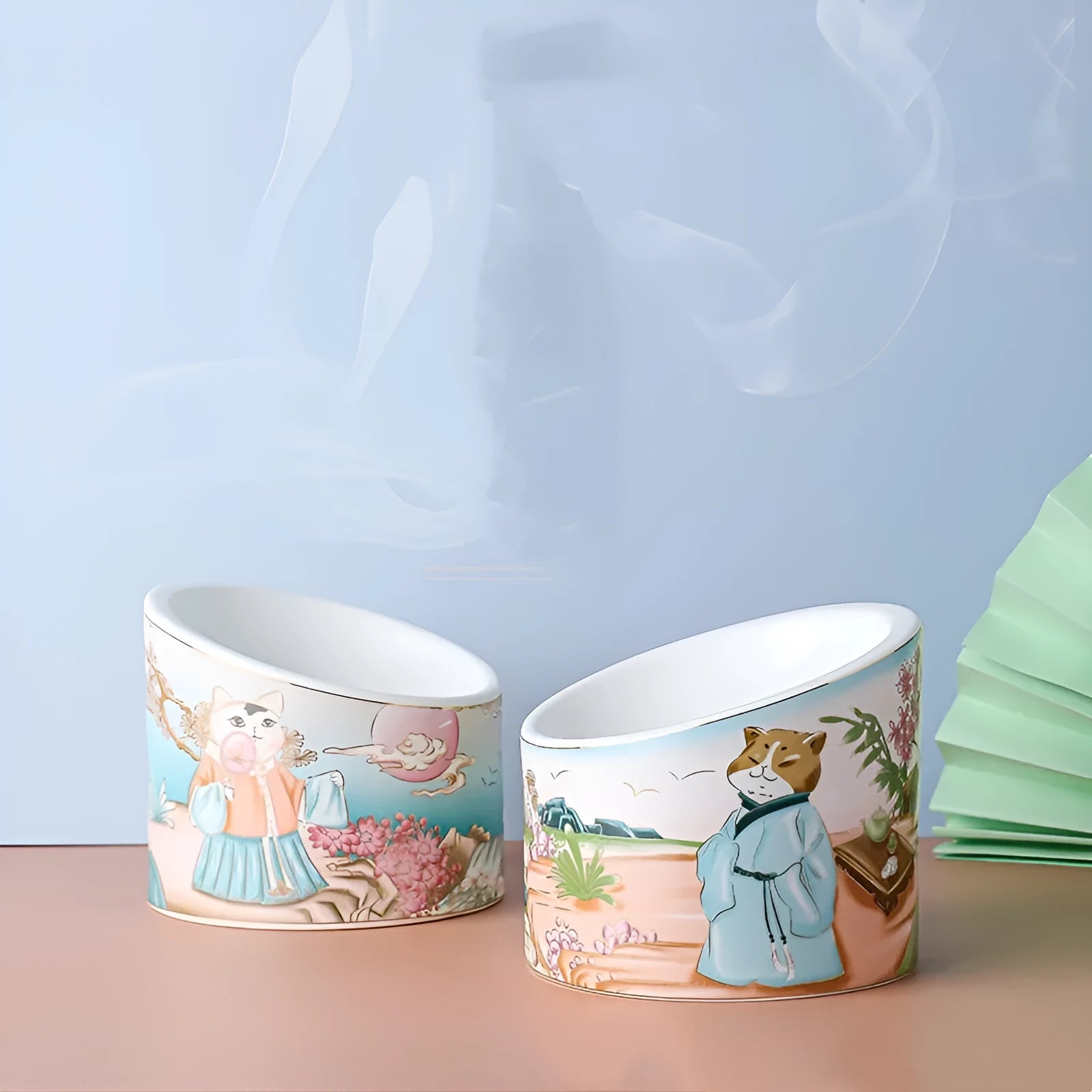 Chinese style ceramic cat bowl with high leg double bowl oblique mouth in universal colour