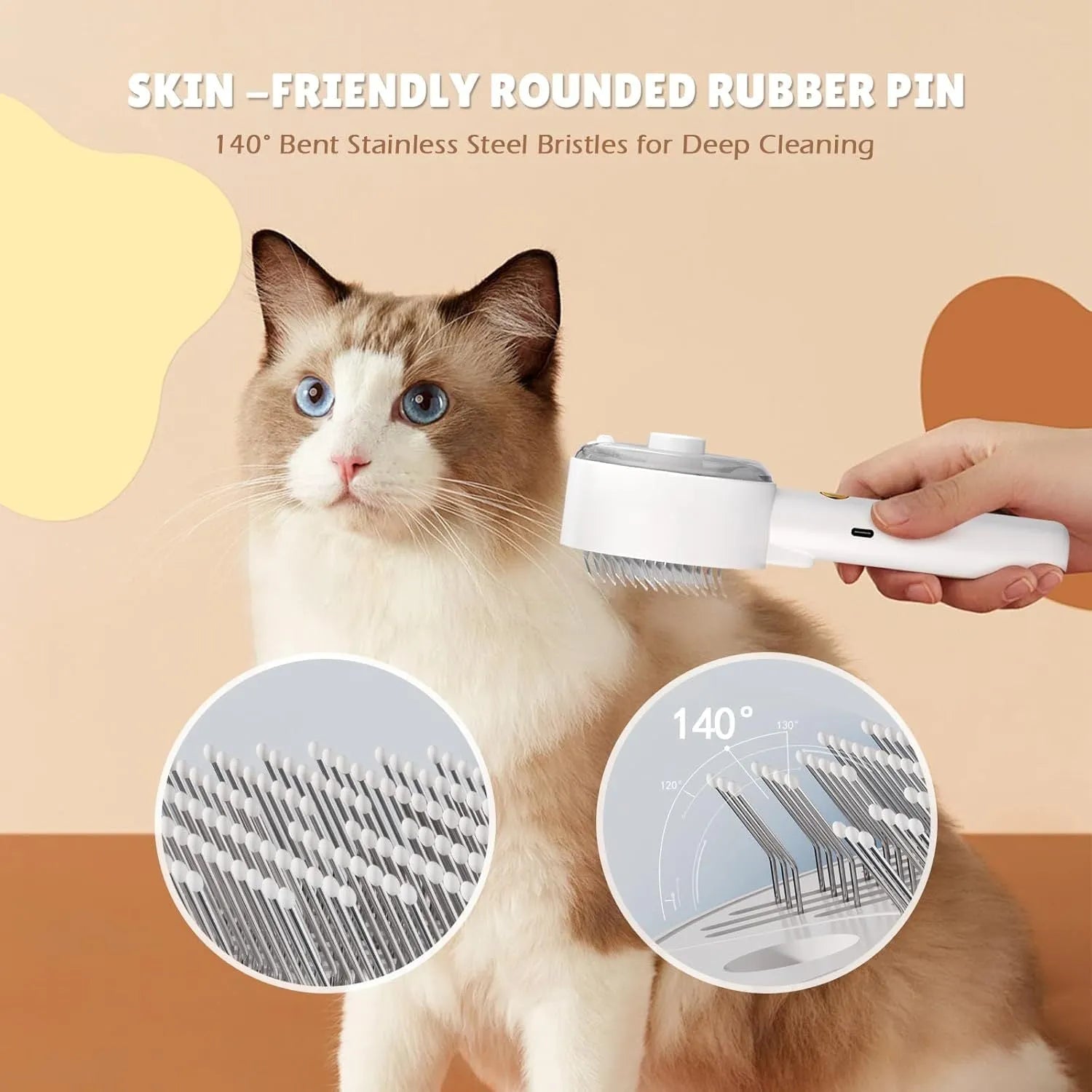 Pink cat steam brush for shedding with rounded massage head and transparent water tank on white background