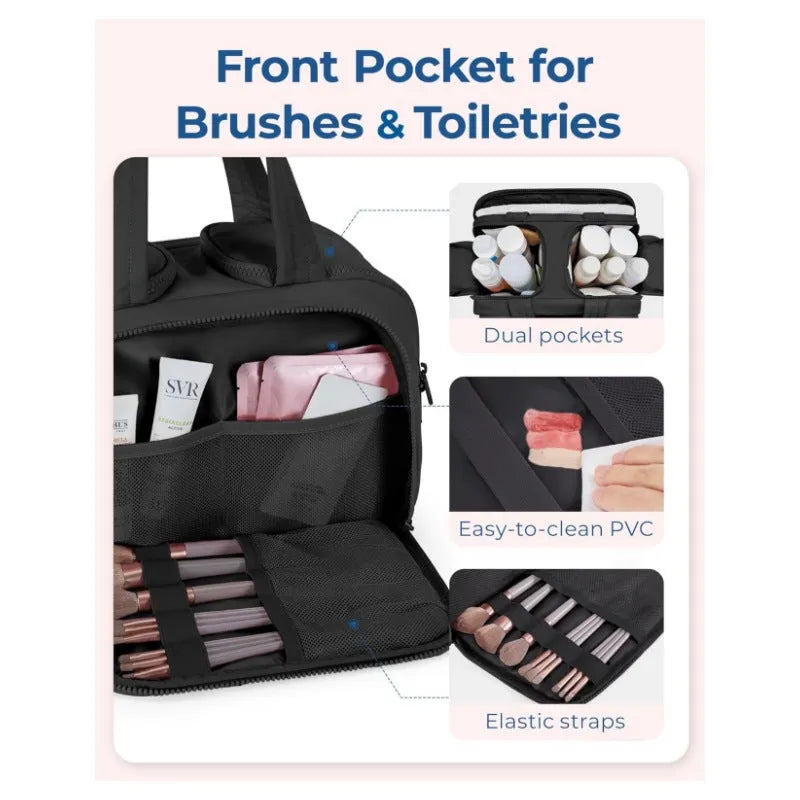 Large lightweight polyester travel toiletry bag with wide opening in beige colour on a neutral background.