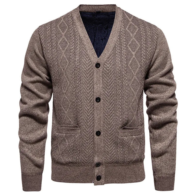 Men's striped cardigan sweater in brown with long sleeves and a wool lining.