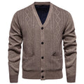 Men's striped cardigan sweater in brown with long sleeves and a wool lining.