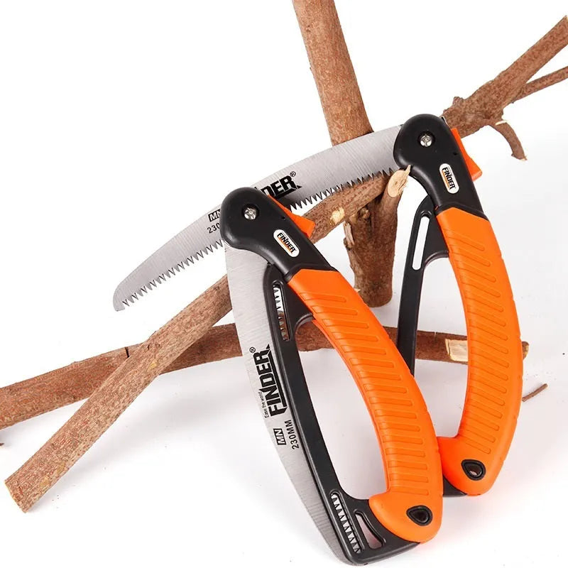 Folding garden hand saw with a 9-inch metal blade and black TPR grip handle, shown both open and closed.