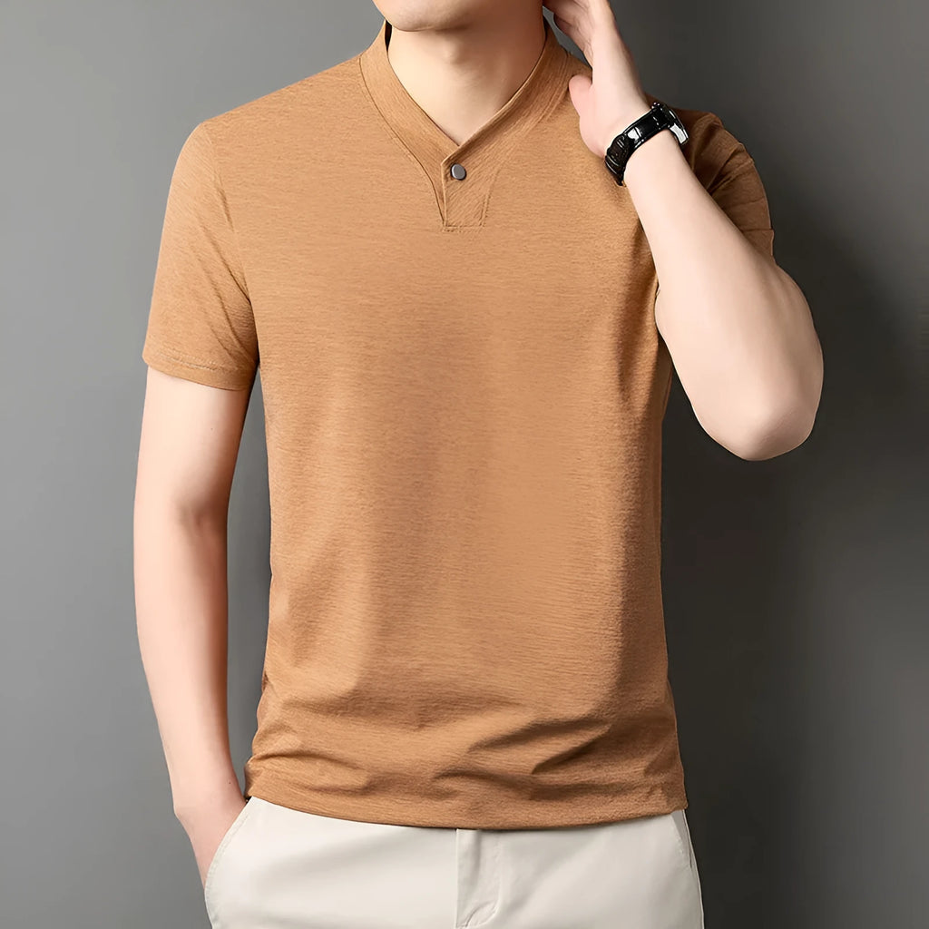 Young men's short sleeve zipper front T-shirt in khaki colour, regular fit, polyester blend fabric for summer casual wear