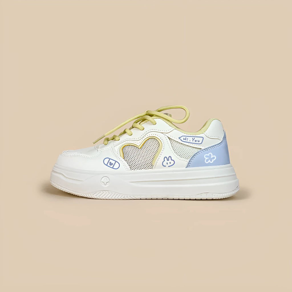 Korean style mesh sneakers in Meow Rabbit Sea Salt Cheese colour with cross-strap design and thick rubber sole