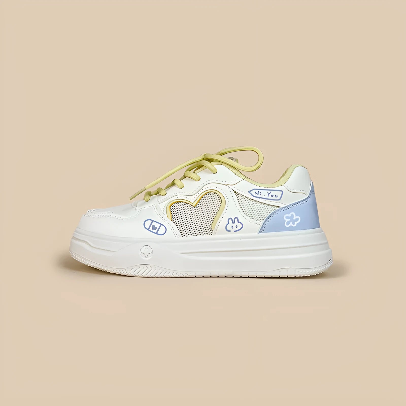 Korean style mesh sneakers in Meow Rabbit Sea Salt Cheese colour with cross-strap design and thick rubber sole