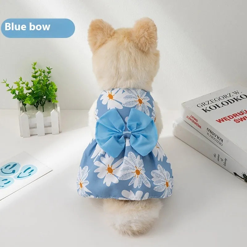 Ultra-thin polyester pet dress with floral butterfly knot design in multiple colour bow options