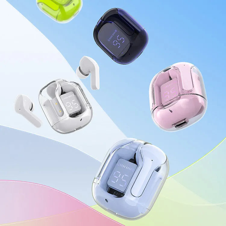 Mini LED display wireless Bluetooth headset with charging compartment in pink colour option