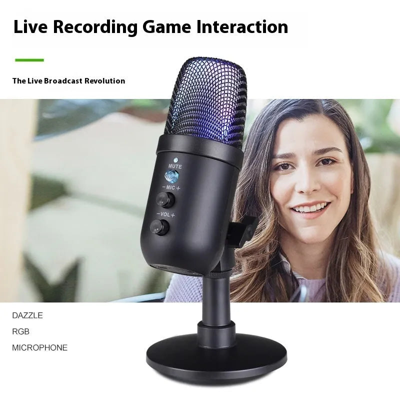 Black USB microphone with RGB lighting on a desktop for live karaoke and recording