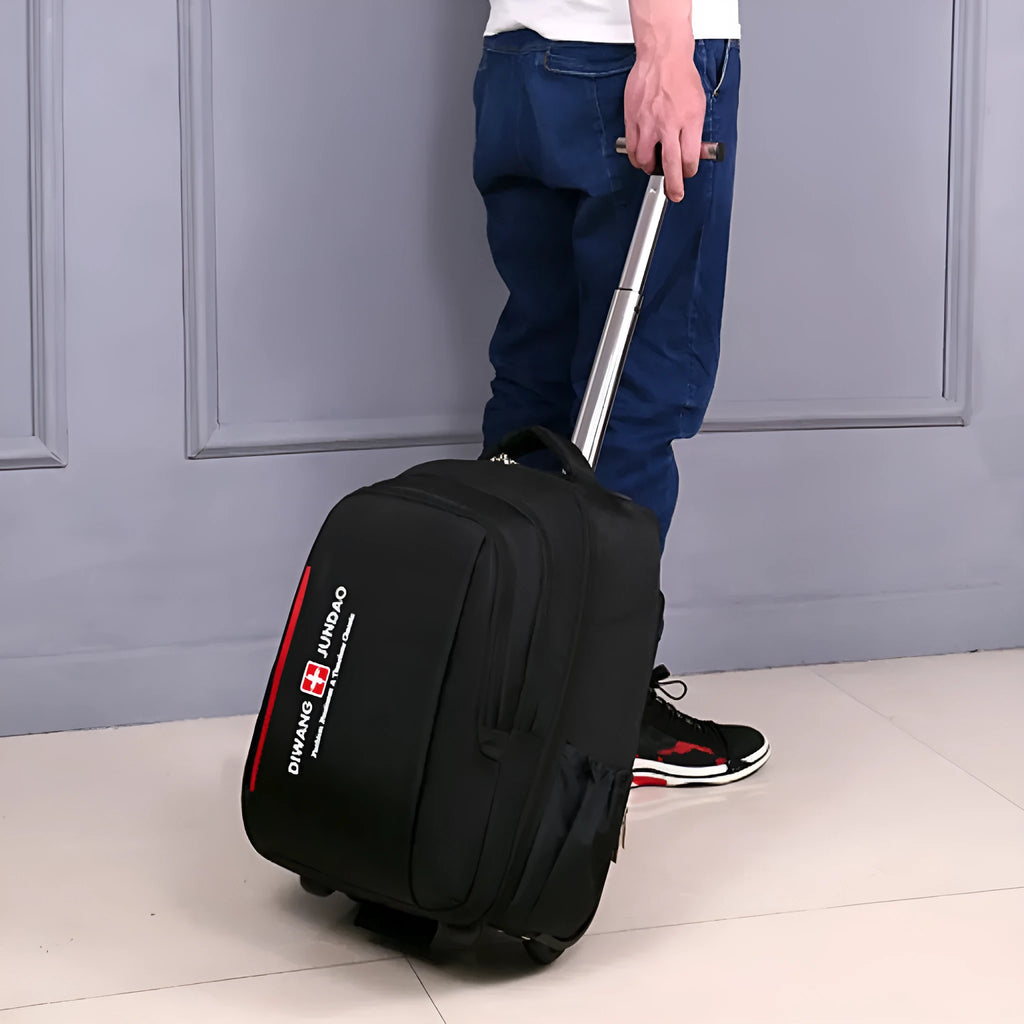 Black 18 inch nylon backpack trolley bag with letter pattern and shoulder strap for business travel