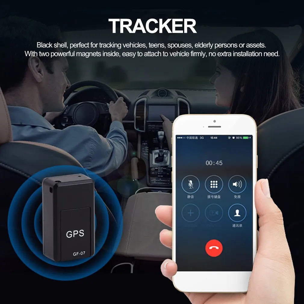 Black mini GPS car tracker device with magnetic mount for vehicle tracking