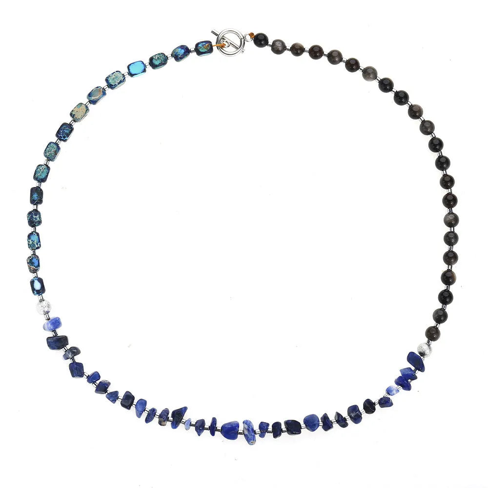 Blue multi-layer hand woven bracelet with Fang Hui stone and gold obsidian geometric texture on white background