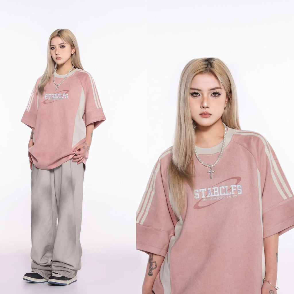 Men's Loose Short-sleeved T-shirt With Letter Embroidery Design, Polyester Fiber, Pullover Style, Available in Gray, Pink, Dark Khaki, Sizes M L XL for Casual Leisure Wear, American Retro Look