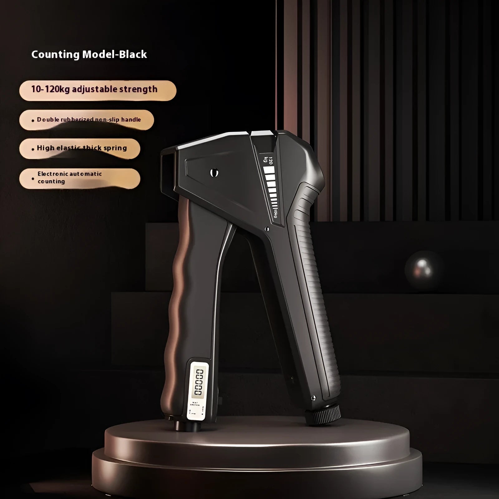 Adjustable hand gripper with spring resistance mechanism showing 5-60kg range in multiple colour options