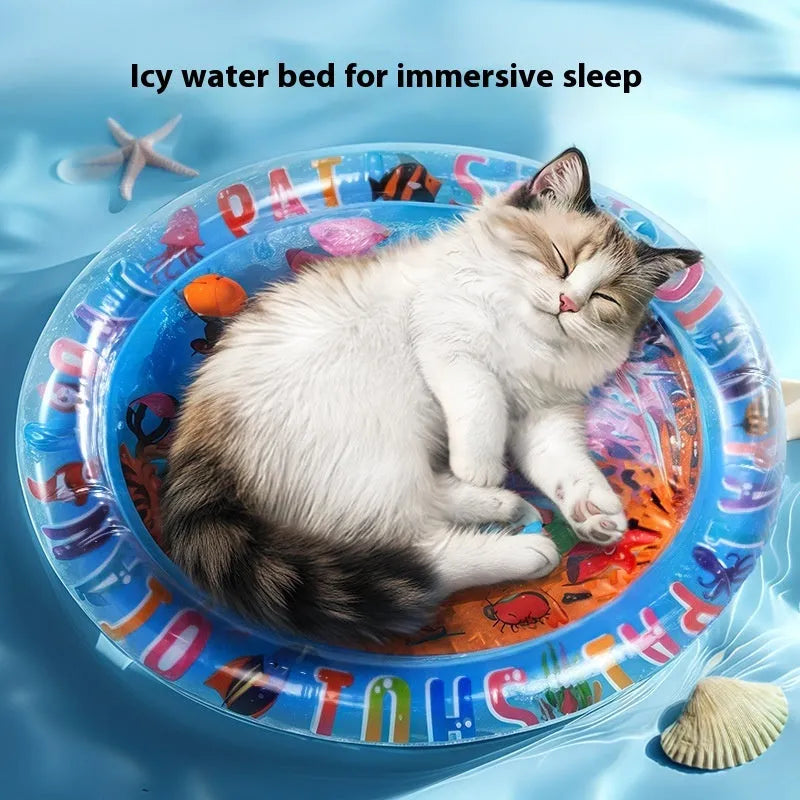 Blue inflatable PVC water mattress for pets with dolphin design, showing cooling gel interior