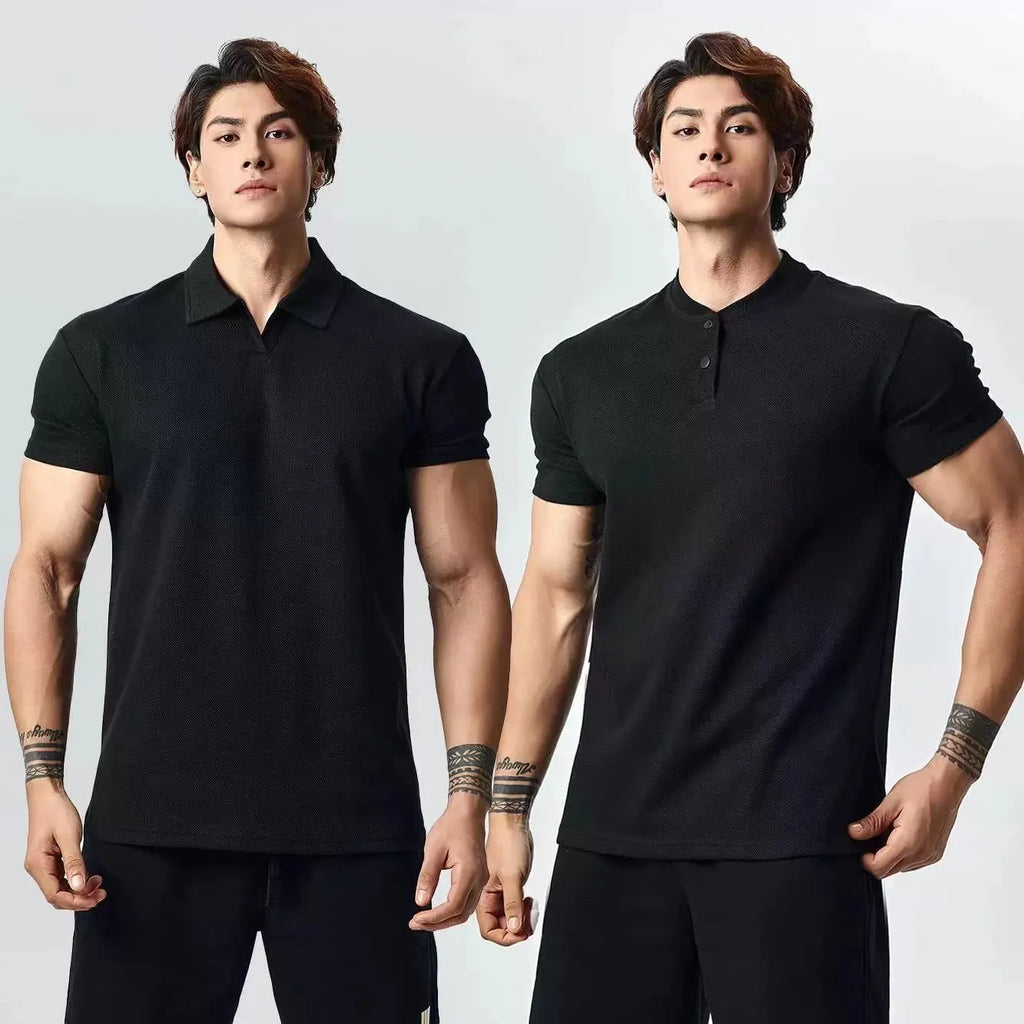 Retro fashion brand all-match casual t-shirt for men solid colour Henry collar loose fit pullover top polyester