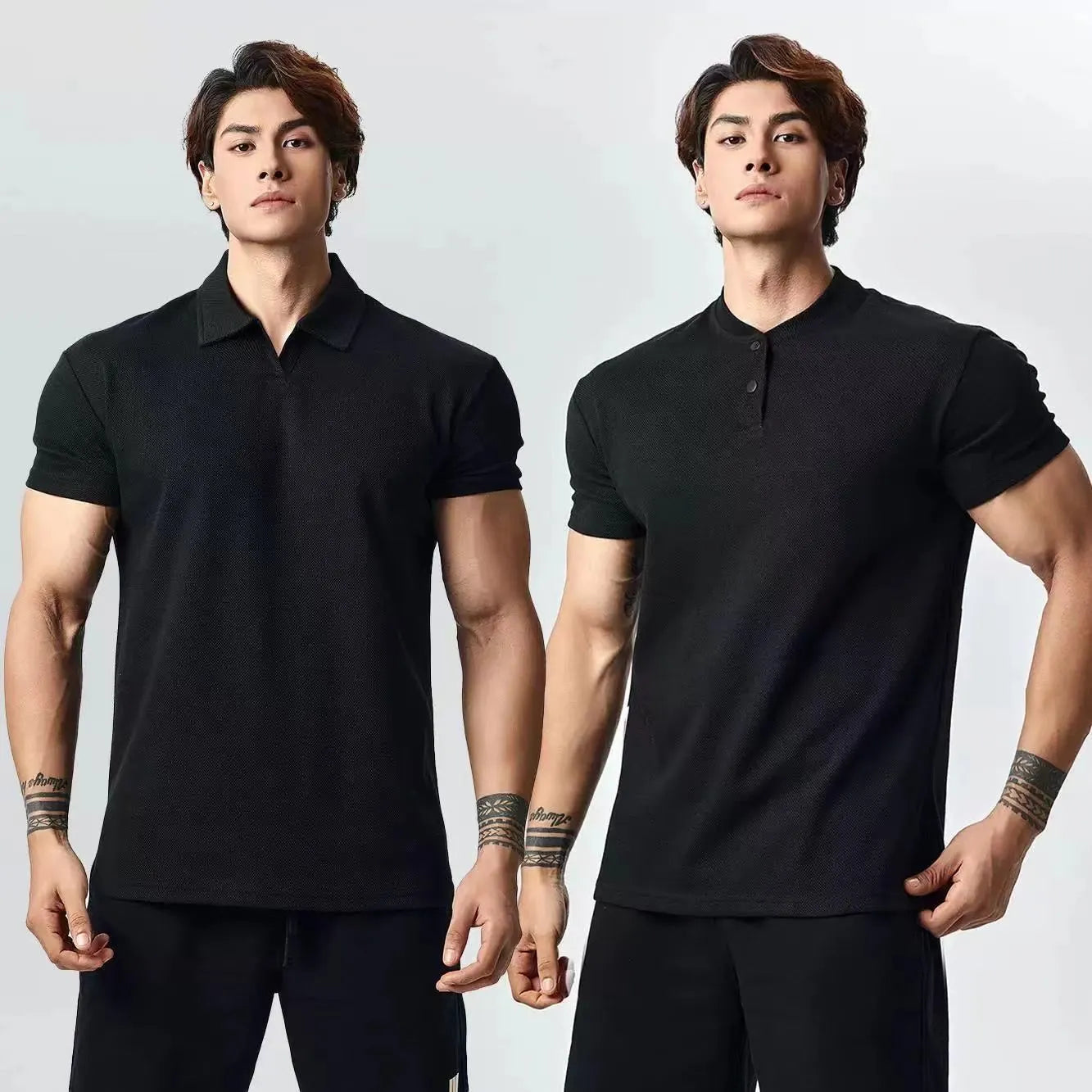 Retro fashion brand all-match casual t-shirt for men solid colour Henry collar loose fit pullover top polyester
