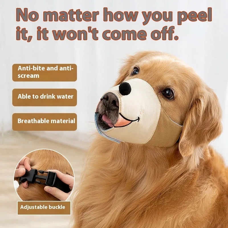 Canvas dog muzzle in Ollie brown bear pattern shown in S, M, L, and XL sizes for bite prevention.