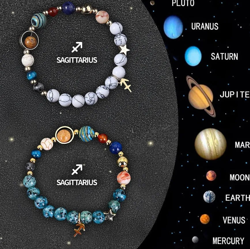 Two natural stone beaded bracelets with zodiac sign charms on a wooden surface.