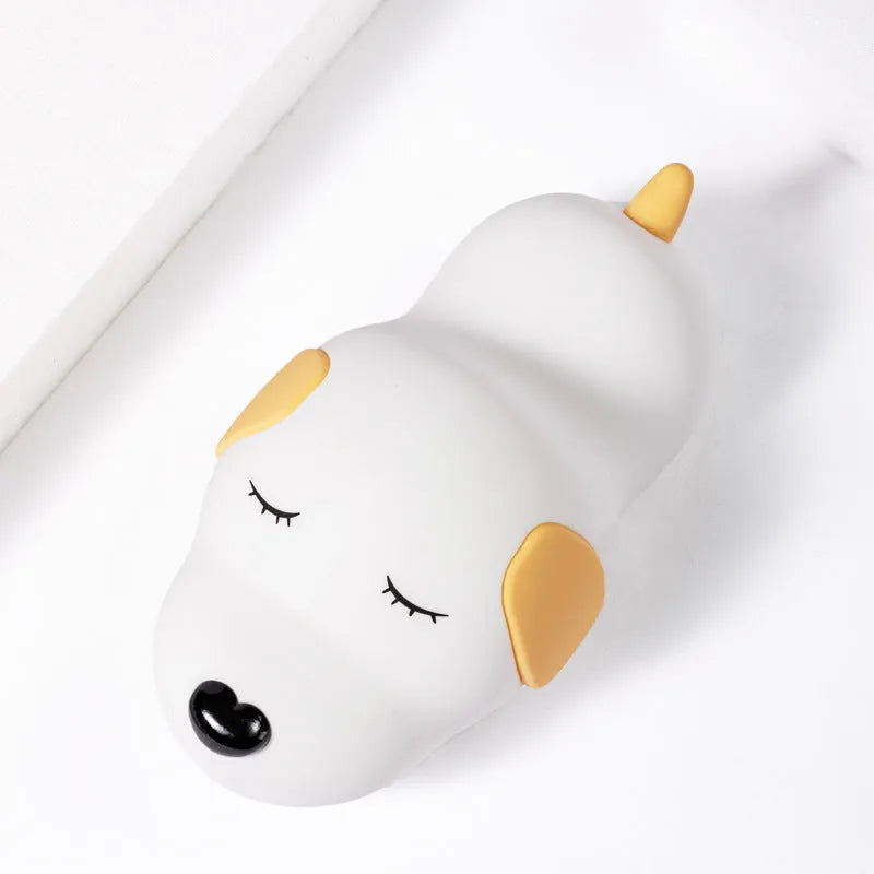 Silicone night lamp in cartoon dog shape, two-colour glow, USB charging port visible at base
