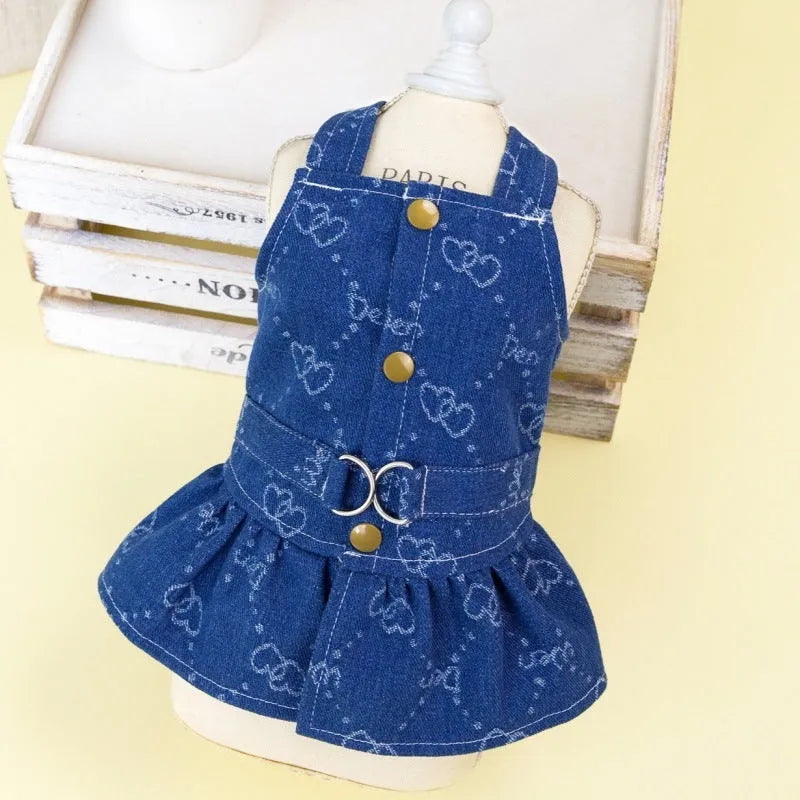 Teddy Bichon dog wearing denim princess dress with bracket design for spring and autumn seasonal wear