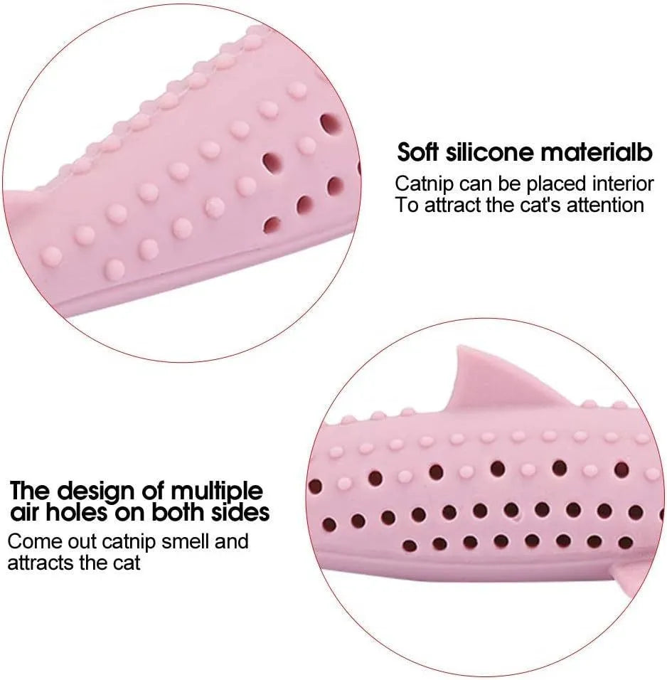 Green silicone fish-shaped chew toy for cats with breathable side holes