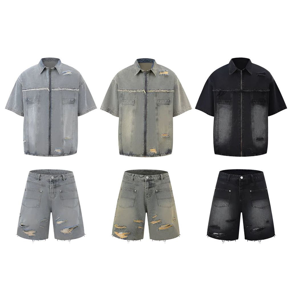 Denim fashion loose leisure all-matching overall suit for women in black with short sleeve top and full trousers