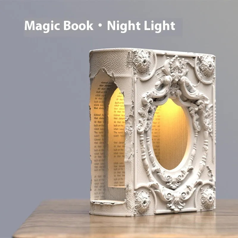 Magic book gypsum table lamp with switch control on a bedside table