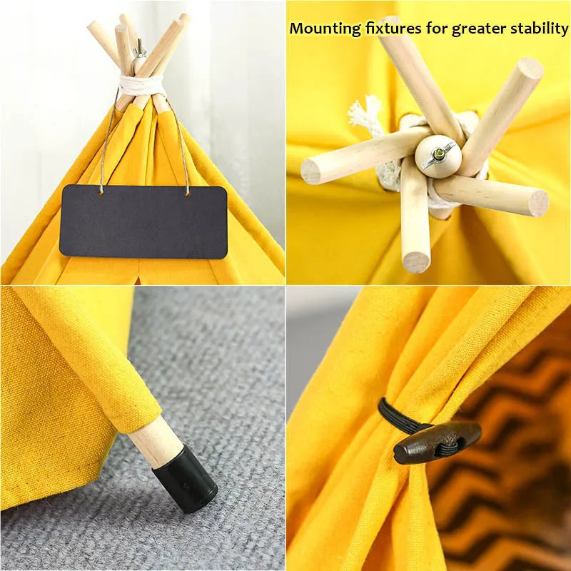Striped flax linen pet teepee tent with cushion for small dogs cats rabbits
