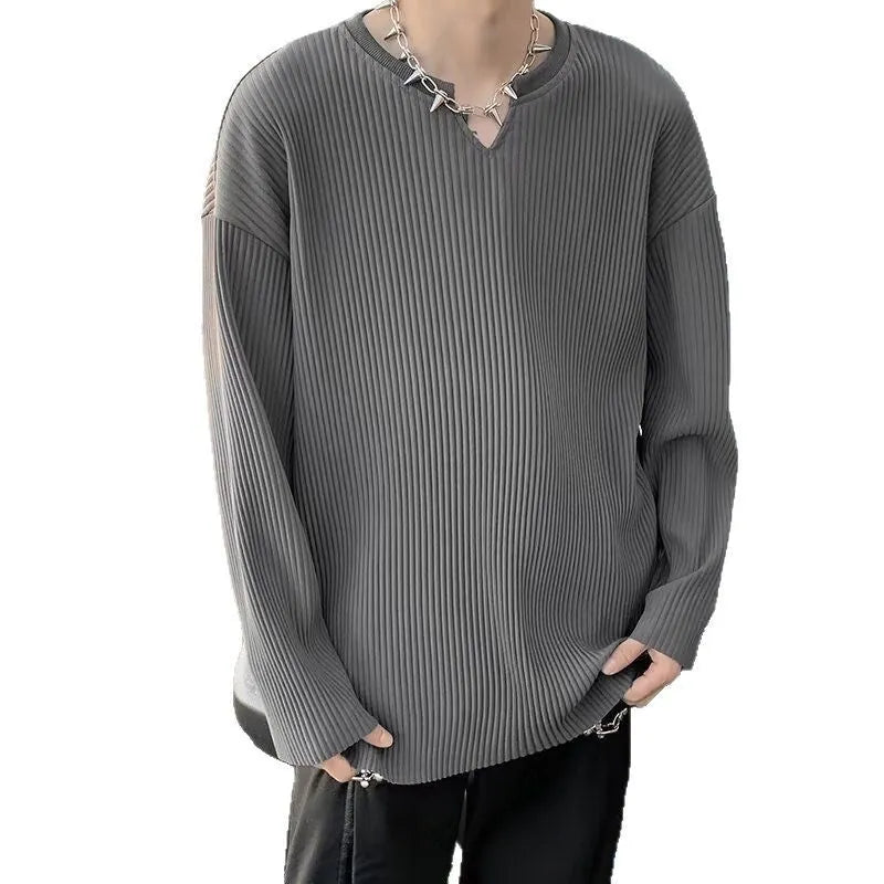 Plus size women's striped texture draping solid colour pullover top in black, loose fit, long sleeves, polyester knit