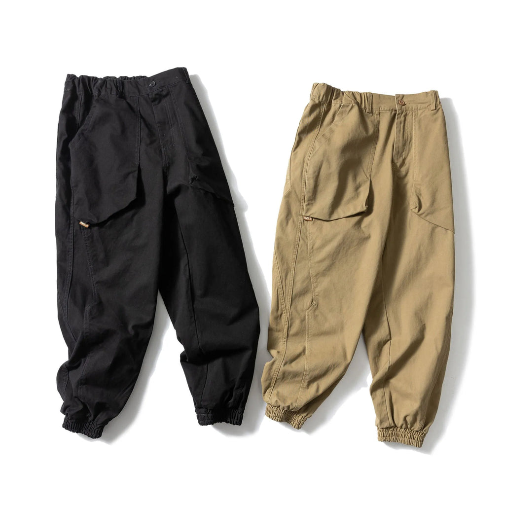 Solid colour large pocket tapered casual pants in black, ankle tie design, cotton loose fit Japanese retro style