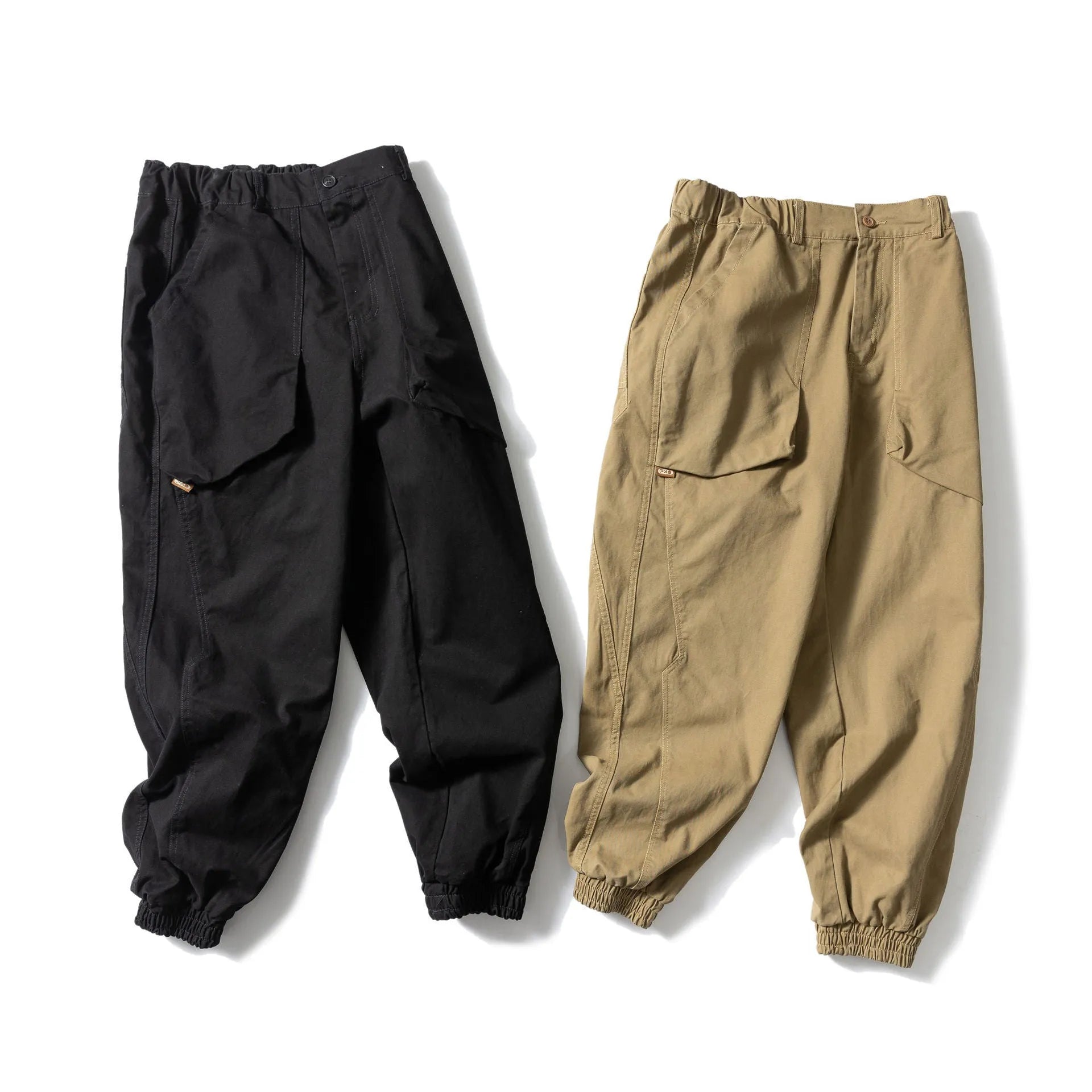 Solid colour large pocket tapered casual pants in black, ankle tie design, cotton loose fit Japanese retro style