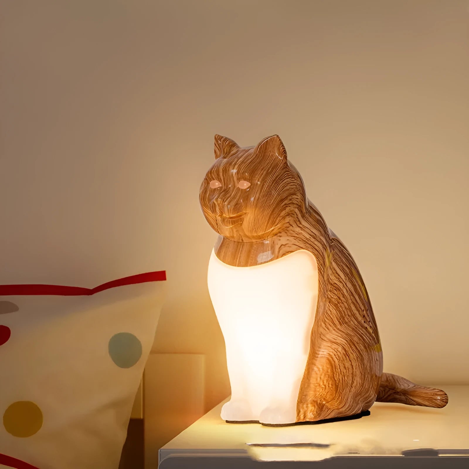 Cat ornament USB table lamp with wood grain finish, 15cm base, 16.2cm height