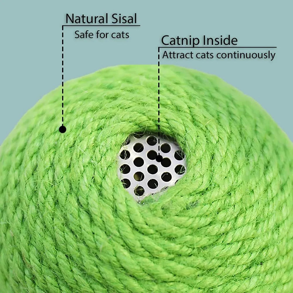 Green interactive tumbler cactus cat scratcher with natural sisal and rolling ball for indoor play