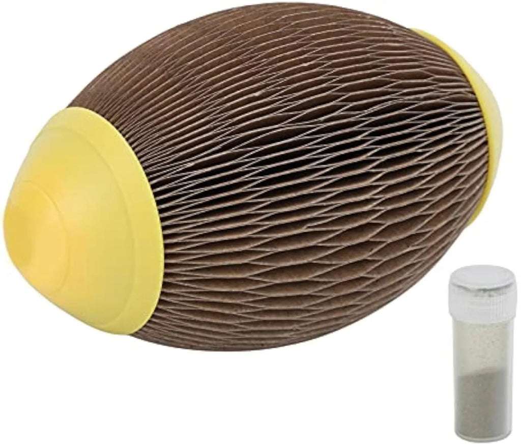 Ellipse-shaped corrugated paper catnip football toy for scratching and play.
