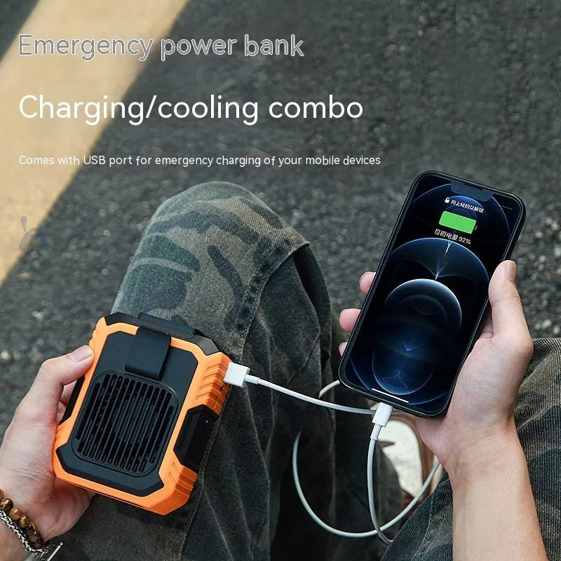 Green wrist-hanging USB fan with LED light and power bank function shown on person's wrist