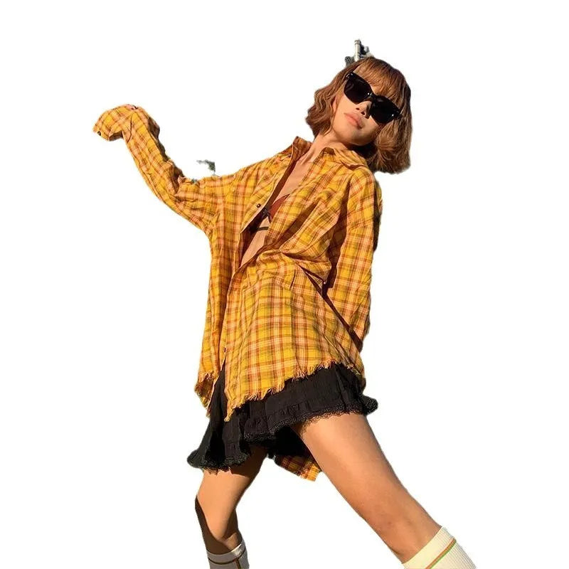Dopamine yellow plaid shirt with loose fit cardigan style on hanger