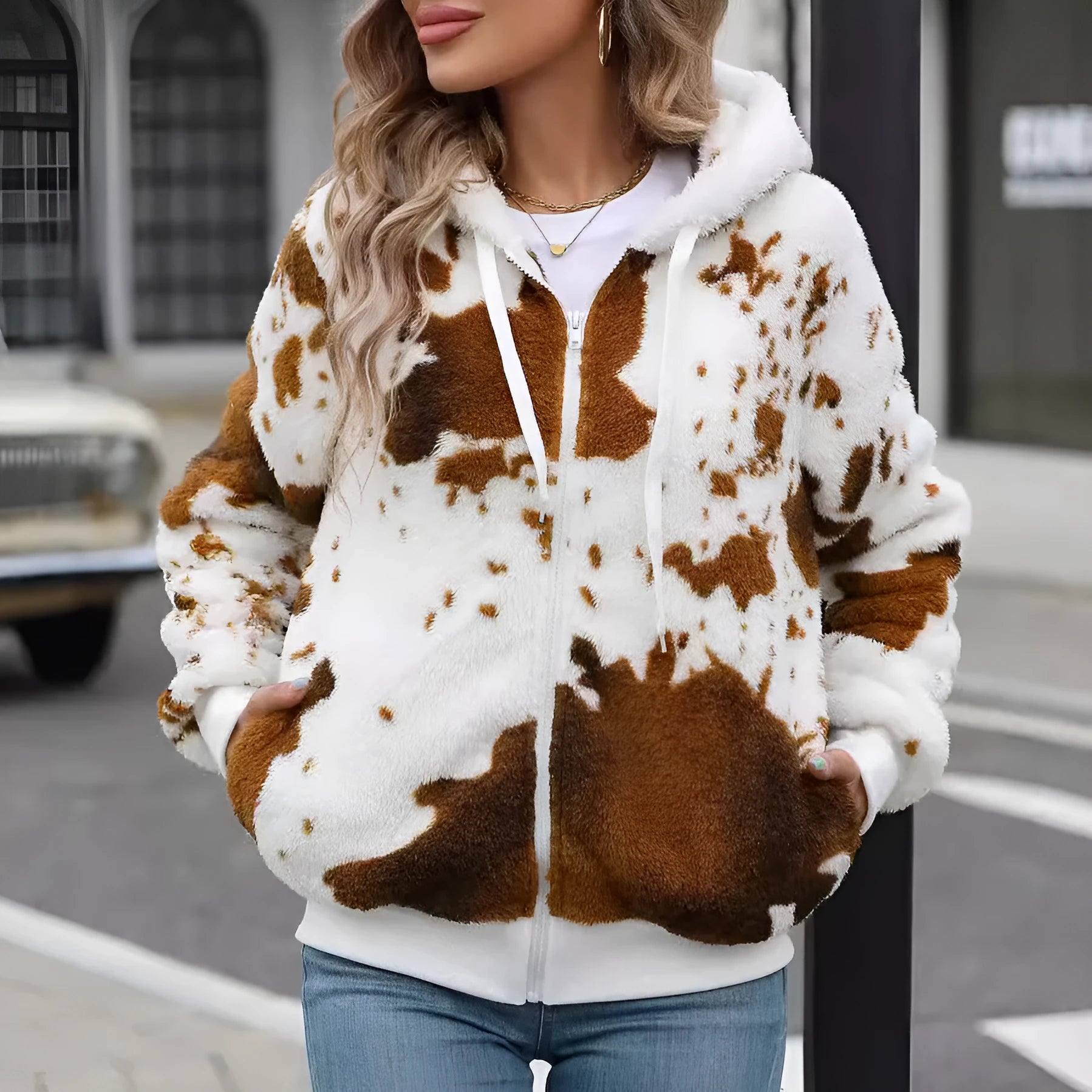 Yellow-brown animal print hooded cardigan jacket with zip front and plush fabric