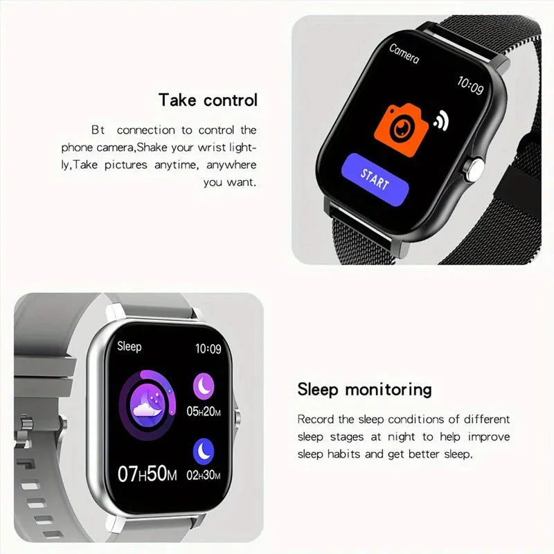 Smart watch with 1.44-inch touch screen showing heart rate display on silicone strap