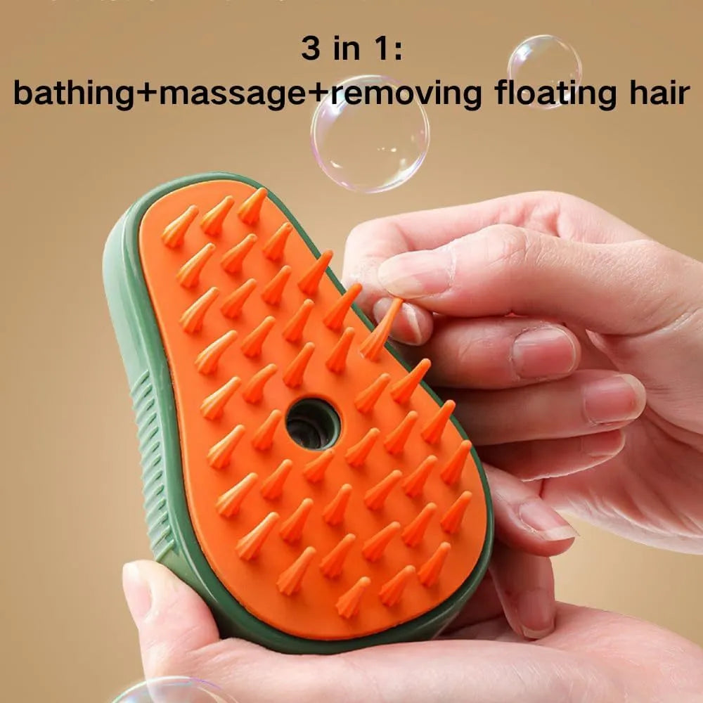 Green and white cat steam brush with water spray function and silicone massage teeth for pet grooming