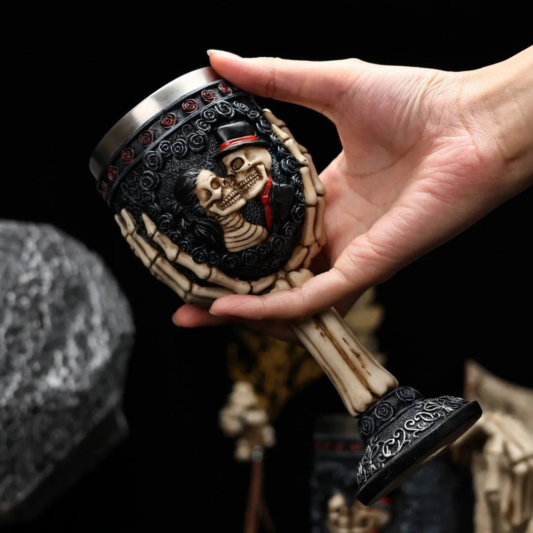 Stainless steel couple skeleton goblet wine glass with retro skull design in 200ml size